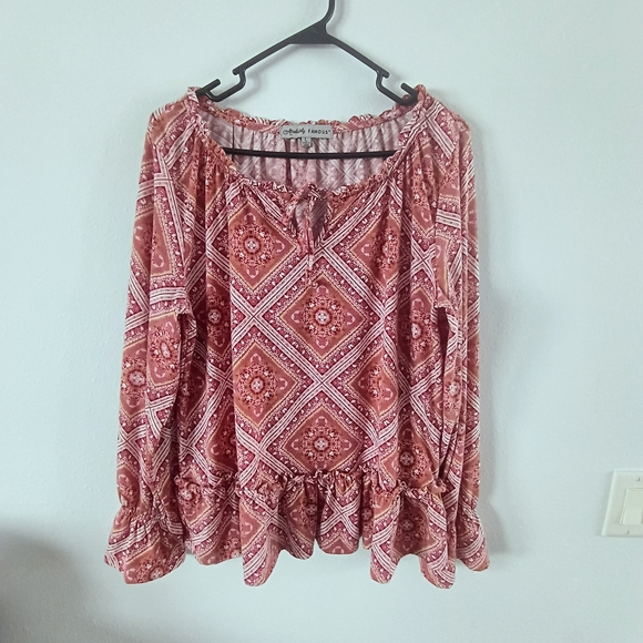 Absolutely Famous Tops - Absolutely Famous Boho Peasant Blouse Pink Paisley Ruffle Hem Top Size L